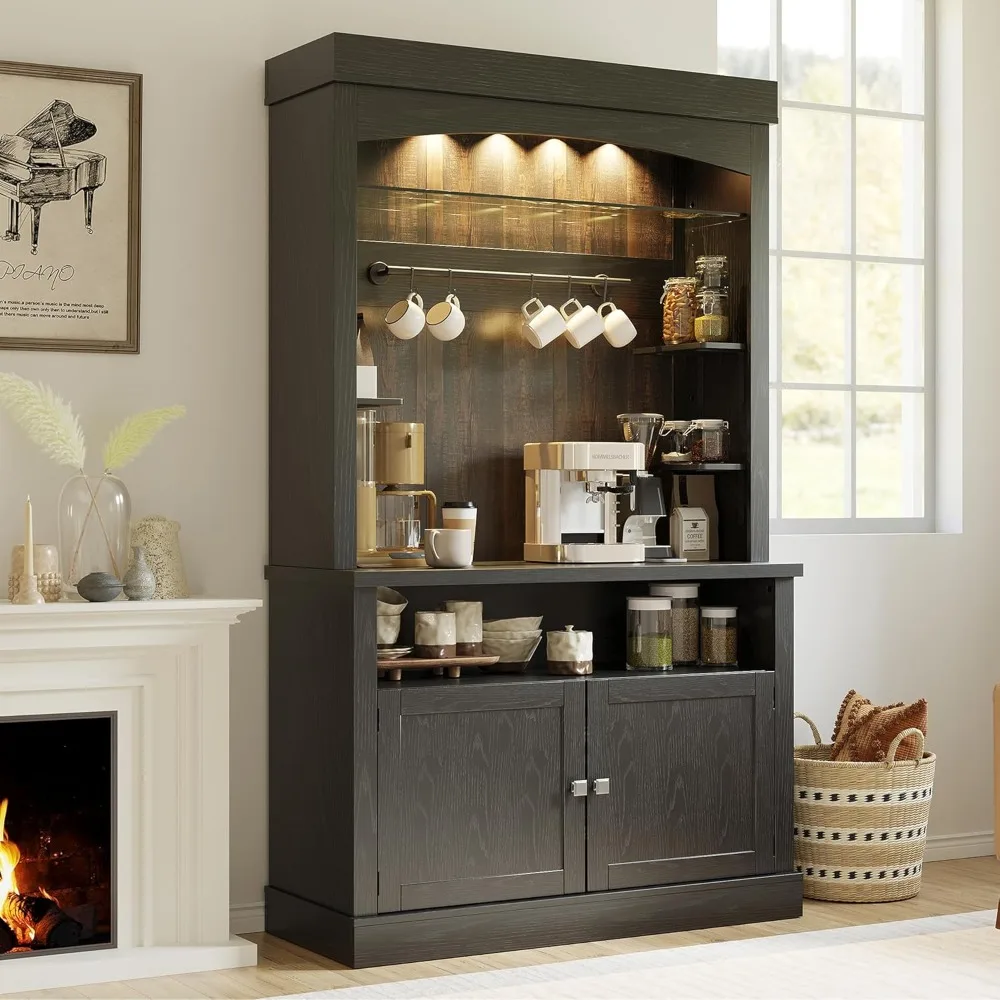 Coffee Bar Cabinet with LED Lights 72" Tall Buffet Cabinet with Storage Farmhouse Kitchen Sideboard