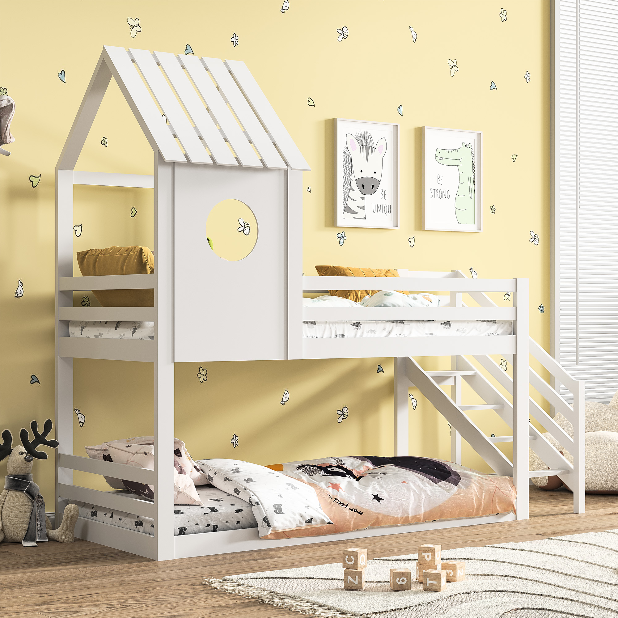 Litera, cama con escaleras de esquina, cama de casa, cama para niños con protección contra caídas, con ventana, marco hecho de pino-200x90cm