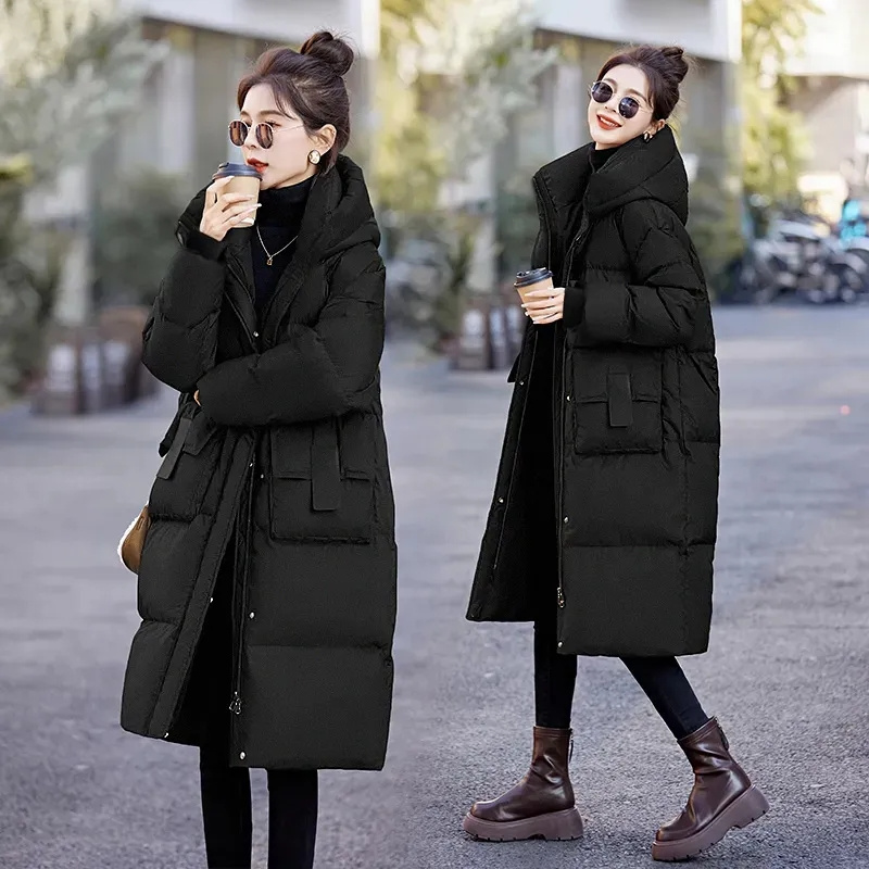 Parka longue en coton à capuche pour femme, pardessus optique, vestes chaudes, coupe-vent décontracté, manteau étudiant, hiver, 2024
