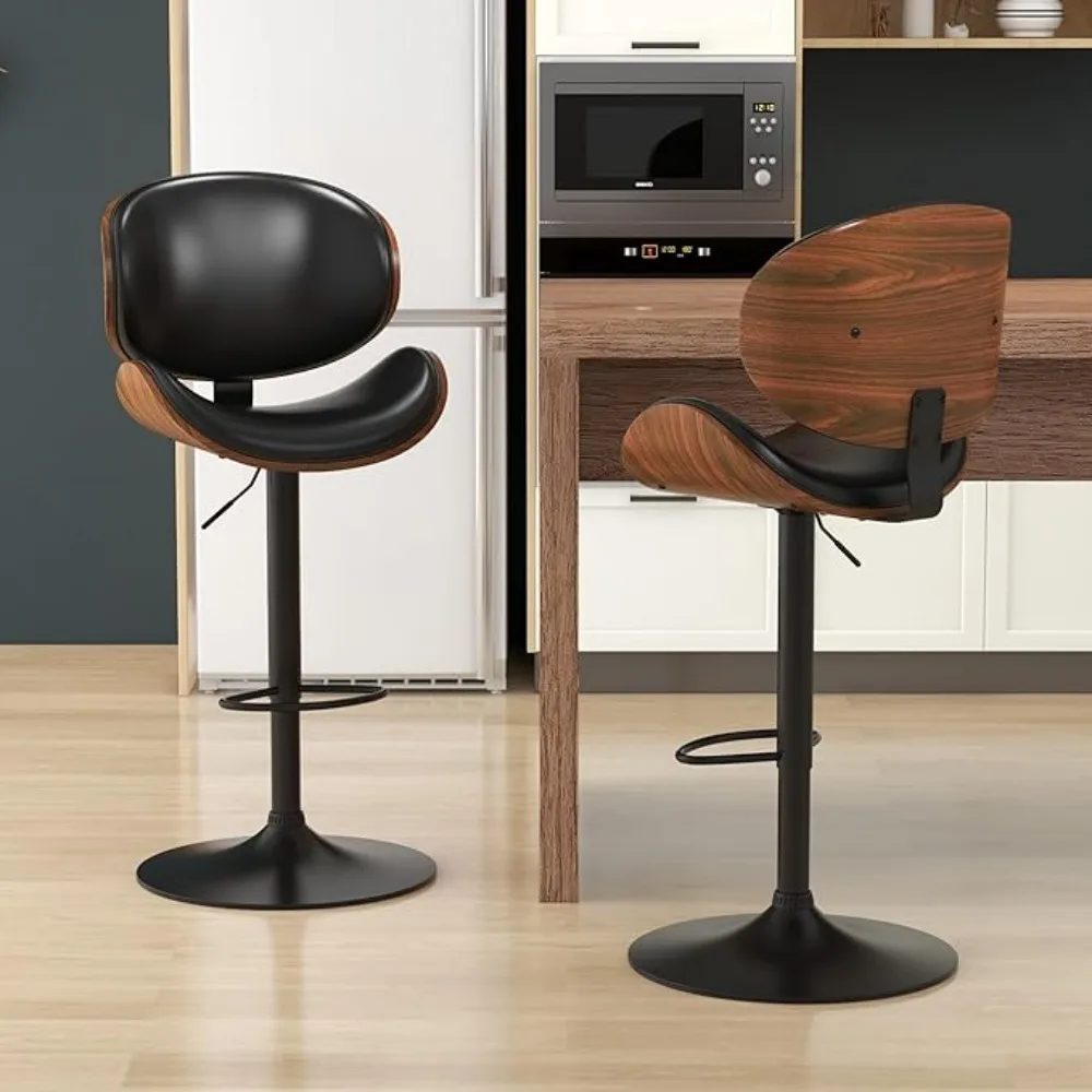 Bar Stools Set of 1 or 2, Swivel Adjustable Height Barstools, PU Leather Upholstered Bars Chair w/Footrest, Bentwood Bar Stool
