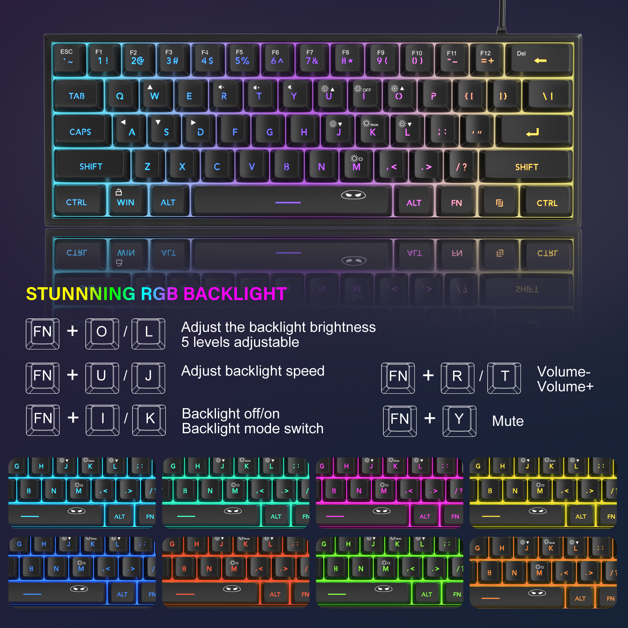 MageGee ミニ 60% ゲーミングキーボード、RGB バックライト付き 61 キー超コンパクトキーボード、TS91 人間工学に基づいた防水メカニカルフィーリングオフィス