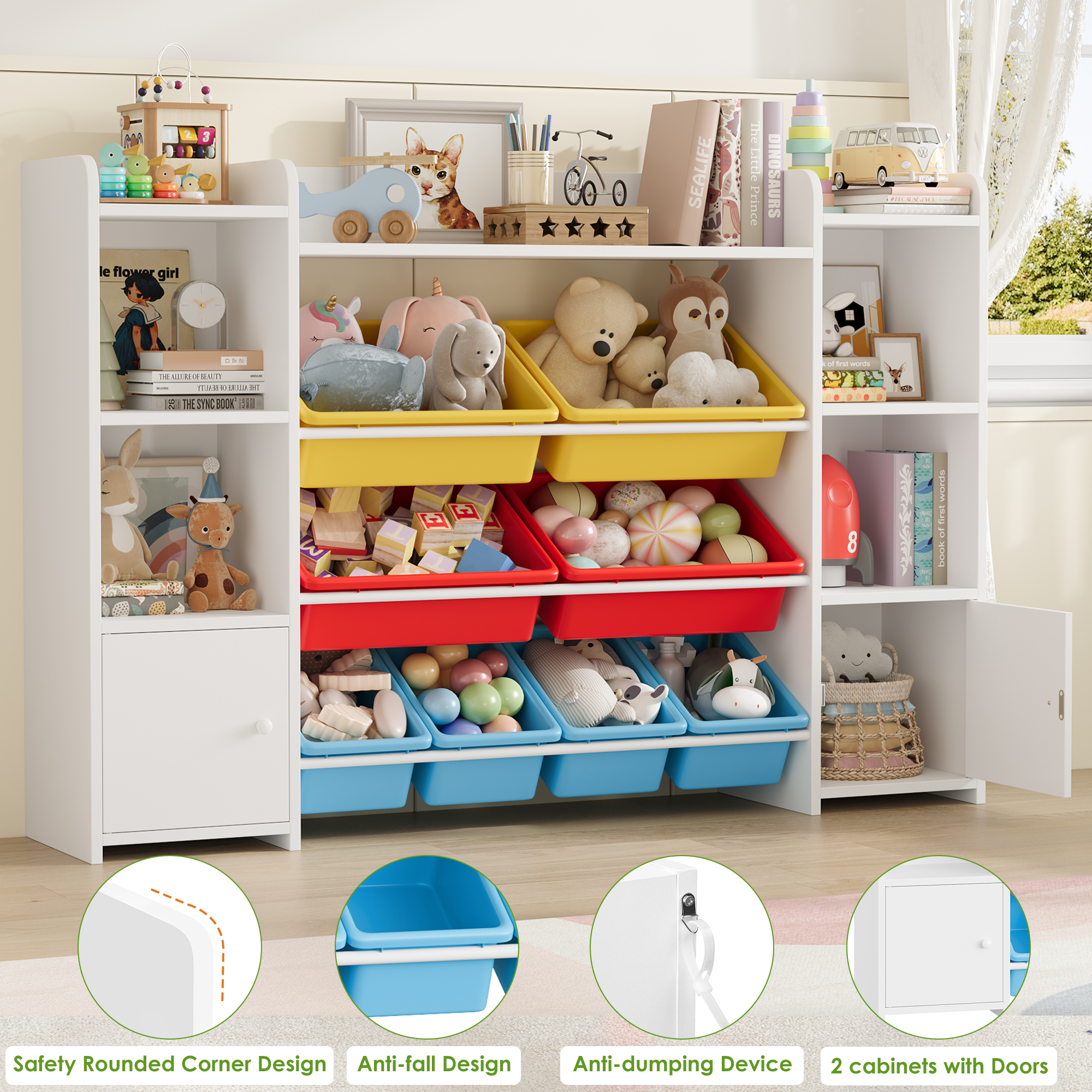 Getone Toy Storage Unit, libreria per bambini, organizzatore di giocattoli con 8 scatole e 9 ripiani 138x29x94 cm bianco/rosa