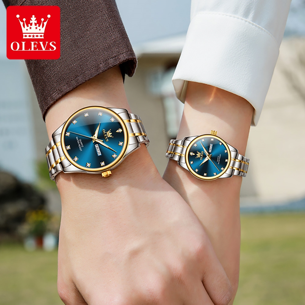 OLEVS-relojes para parejas, conjunto de relojes de cuarzo para hombres y mujeres, reloj de moda con diamantes y fecha para el día, resistente al agua, regalo para parejas 3612