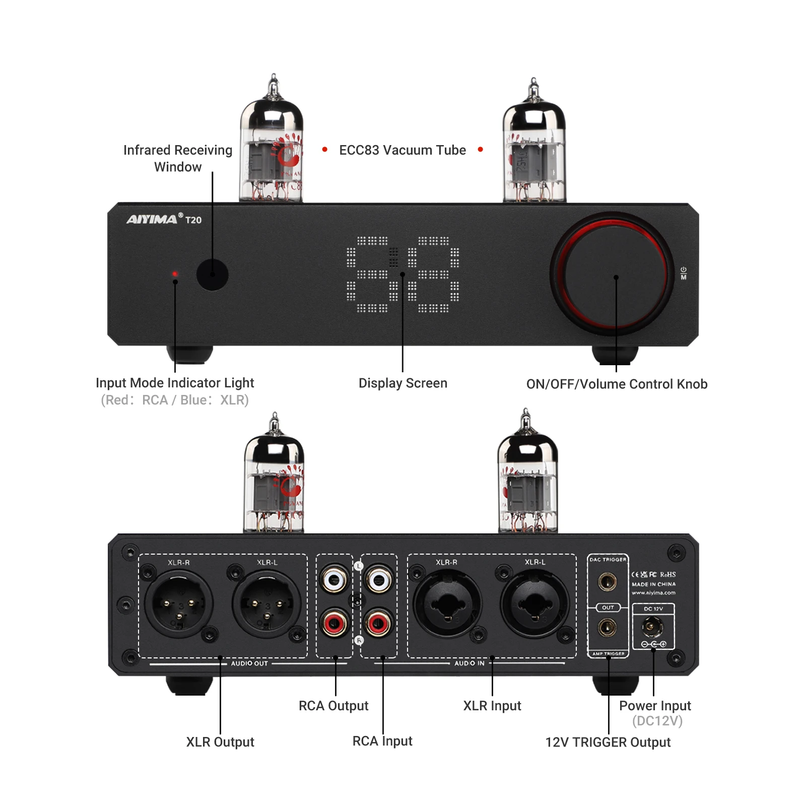 AIYIMA T20 Vacuum Tube Preamplifier  ECC83 Fully balanced Preamp RCA  XLR Input HiFi Stereo DAC   AMP 12V  Trigger output