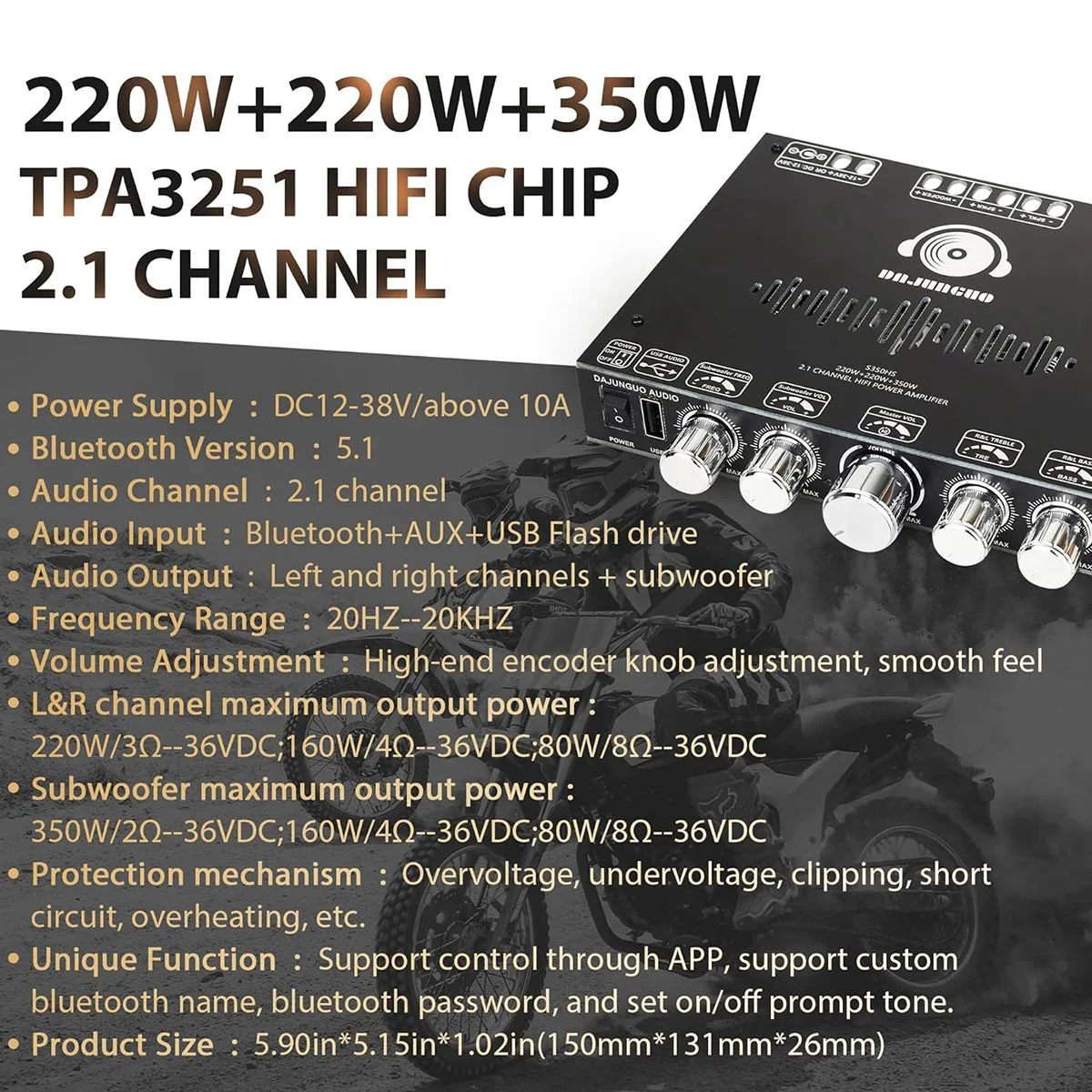 DAJUNGUO S350HS TPA3251 Bluetooth Power Amplifier Board with Subwoofer 2.1 Channel 220Wx2+350W, Audio Power Amplifier Module