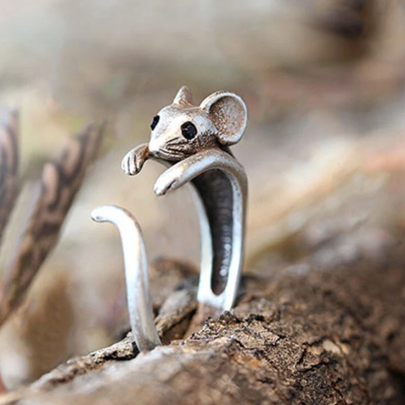 Huitan Vintage Mouse Animale Anello di Barretta per Le Donne Argento Antico Colore Gotico Ragazze Knuckle Anelli Regalo di Fantasia 2023 Gioielli Caldi