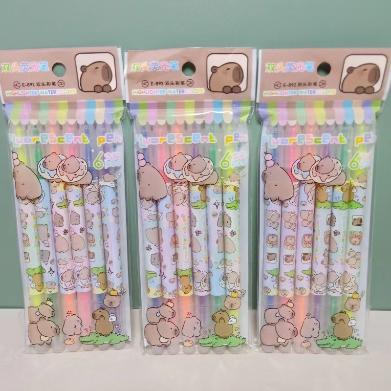 6-color Capybara Cartoon Double headed fluorescent pen oily student note marking hand account marker set Stationery supplies