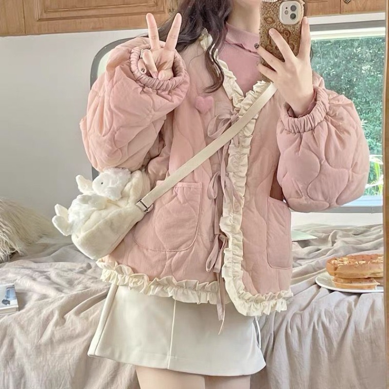 Casaco rosa plissado com borda em v para meninas, casaco acolchoado de algodão acolchoado, kawaii parkas japonês, harajuku para estudantes, inverno