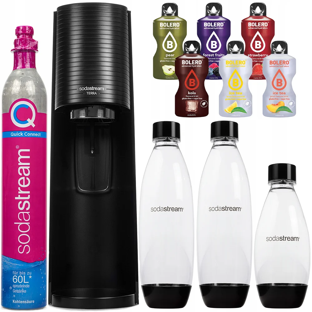 ZESTAW SATURATOR DO WODY SODASTREAM TERRA CZARNY 3 BUTELKI CYLINDER NAPOJE