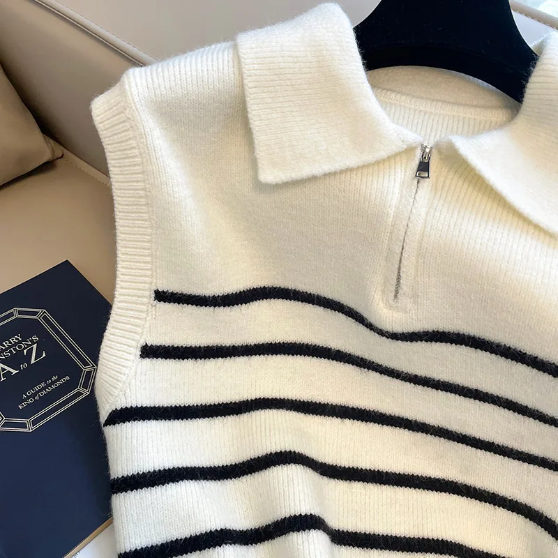 Chaleco de punto a rayas con cremallera de solapa Retro para mujer Otoño Invierno coreano nuevo prendas de vestir exteriores suéter sin mangas chaleco Jersey casual 