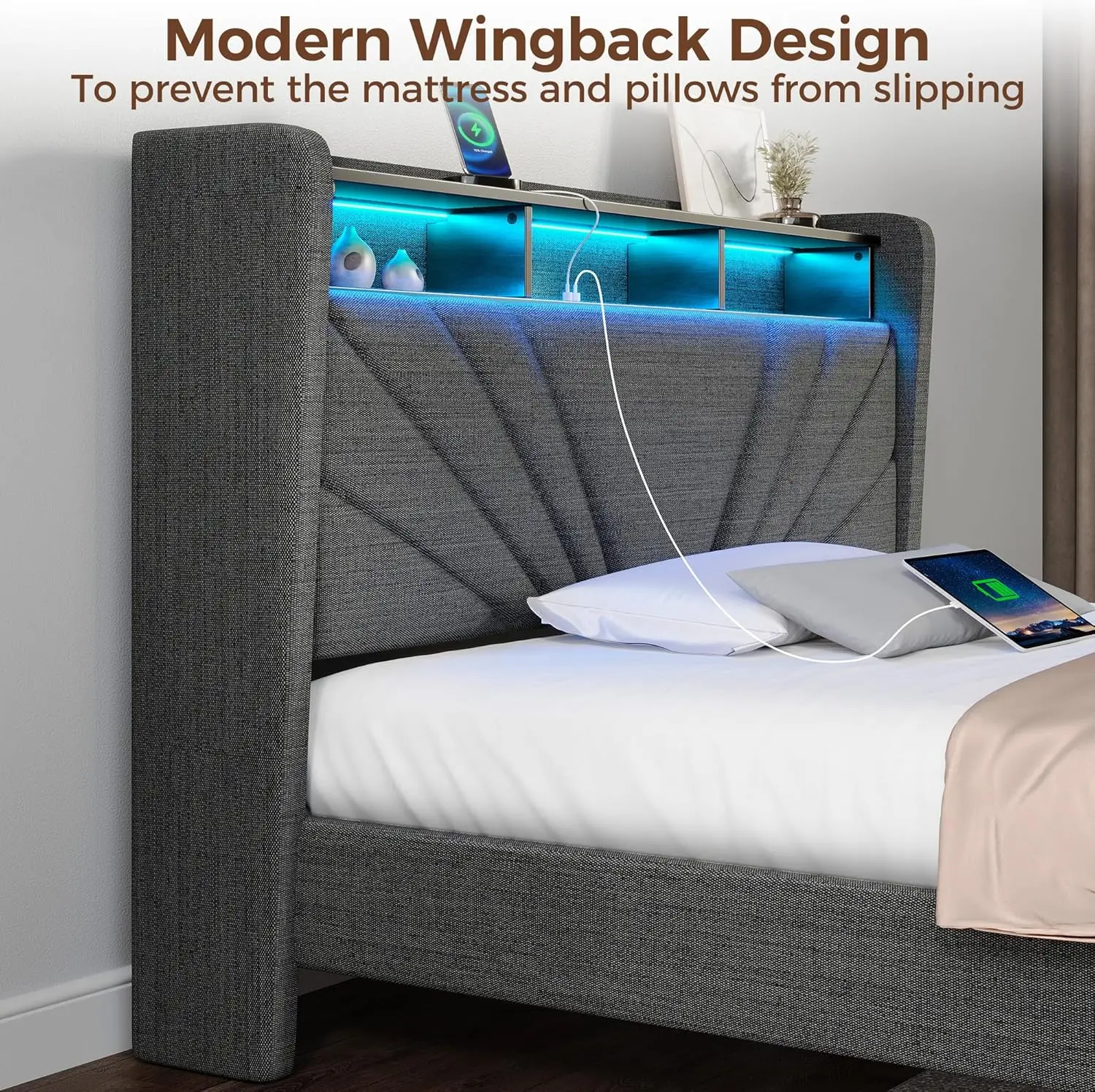 Twin Size Bed Frame, Storage Headboard with Charging Station and LED Lights, Upholstered Bed with Heavy Duty Wood Slats, No Box
