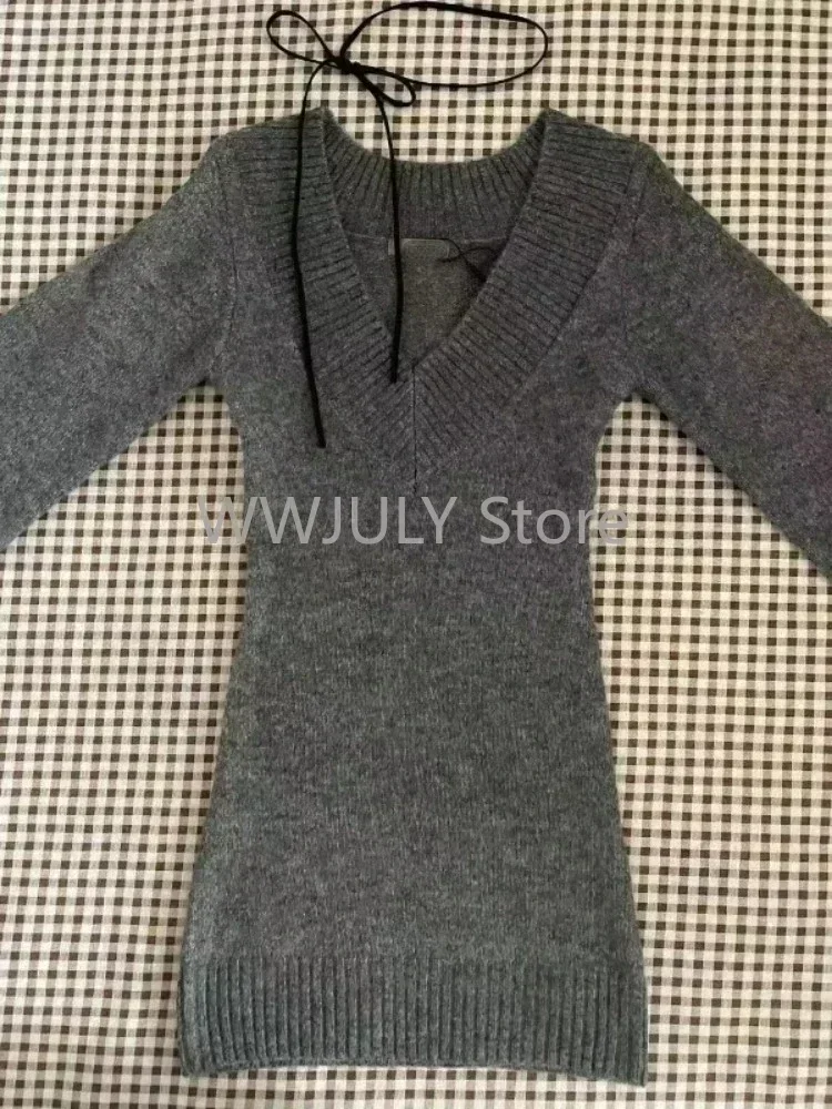 Outono inverno mulher gyaru coquette com decote em v francês vintage camisola manga longa pullovers malhas 2000s estética dinheiro velho grosso