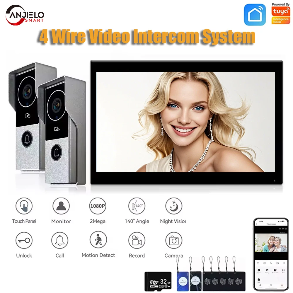 Monitor de toque 1080P, sistema doméstico de 10 polegadas, interfone, porta de vídeo, telefone, wi-fi, campainha de metal, câmera, Tuya Smart