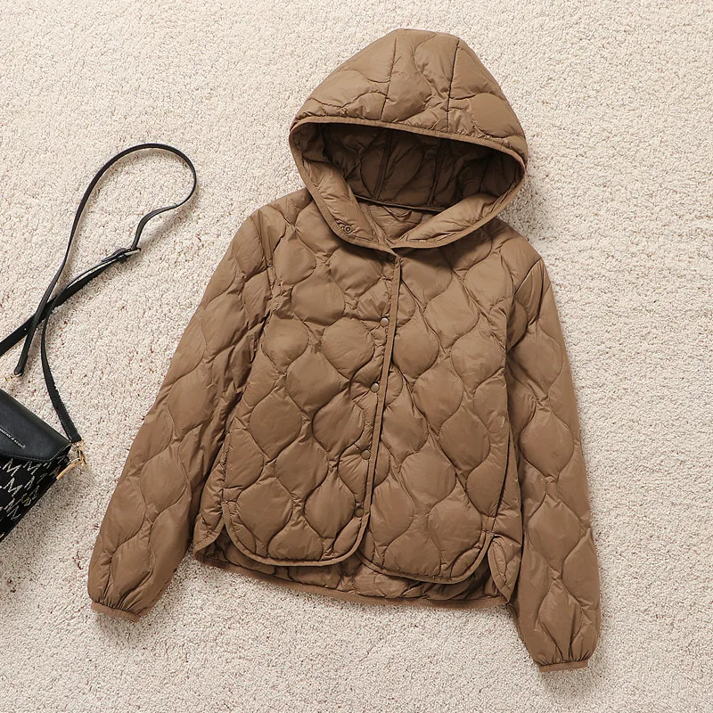 Outono e inverno nova jaqueta feminina leve moda quente à prova de vento fino pato branco para baixo com capuz jaqueta feminina madura