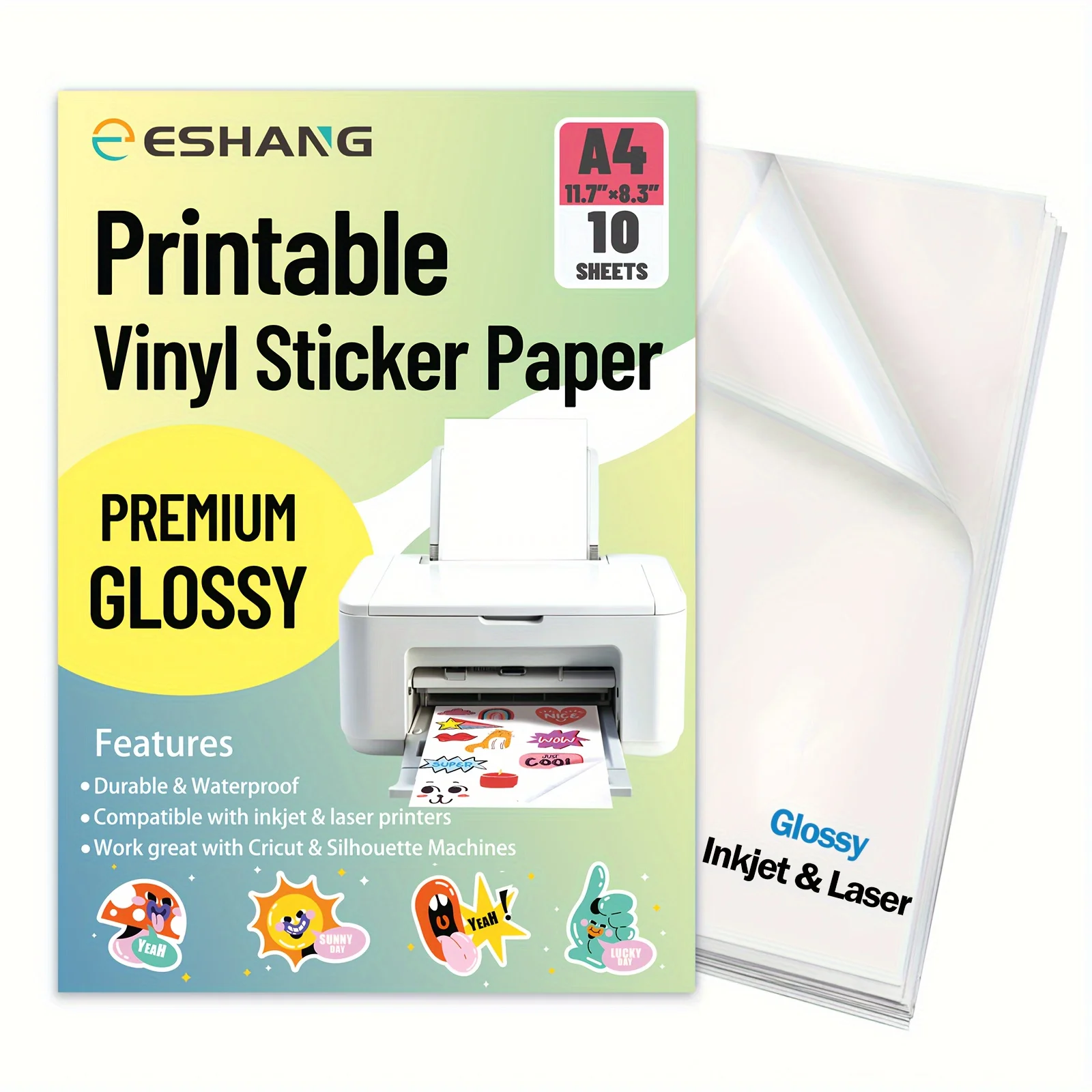 10 fogli A4 fogli adesivi in vinile lucido 8,3 x 11,7 pollici etichette autoadesive impermeabili compatibili con stampanti laser e a getto d'inchiostro