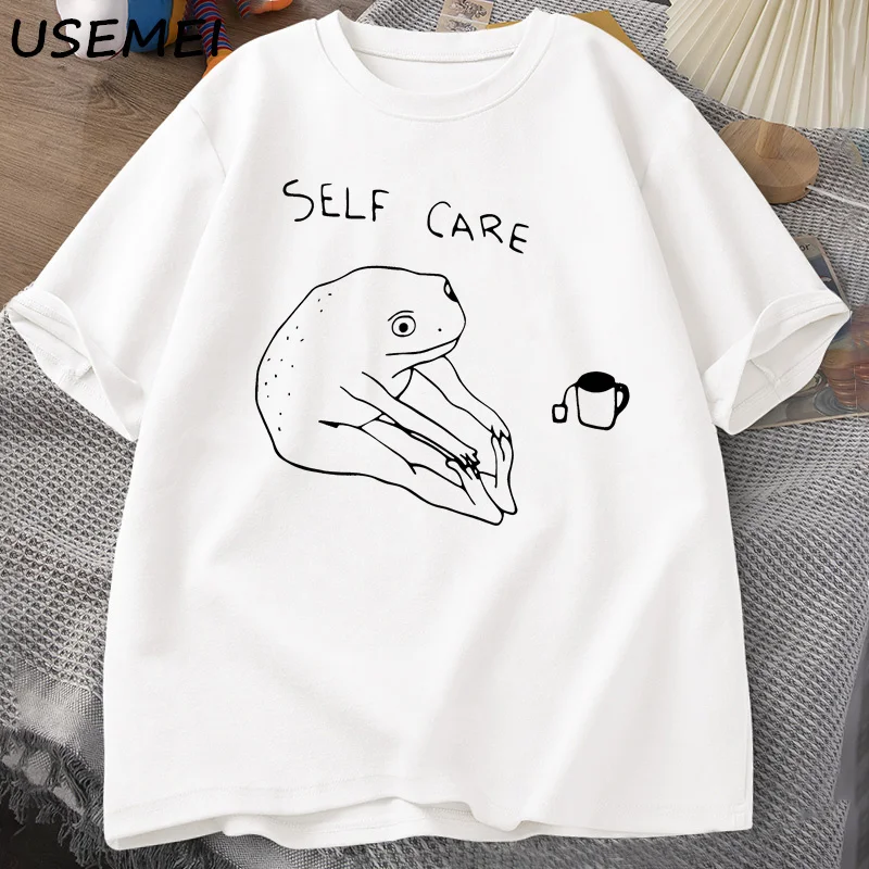 面白いカエルセルフケア Tシャツレトロ Cottagecore カエルプリント Tシャツ女性男性夏ラウンドネック半袖 Tシャツストリート