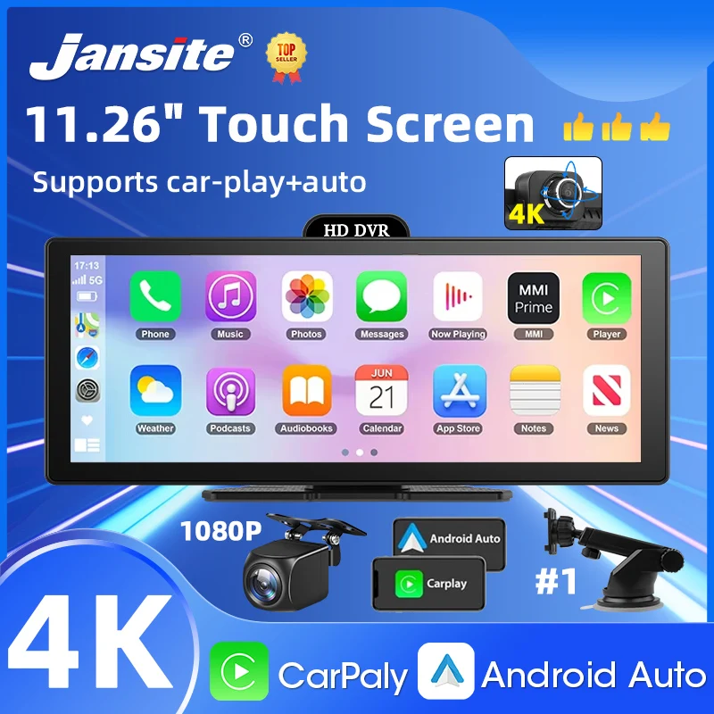 10/11.26 Polegada 4k dvr sem fio carplay & android auto traço cam bluetooth áudio gps navegação painel lente dupla gravador de vídeo