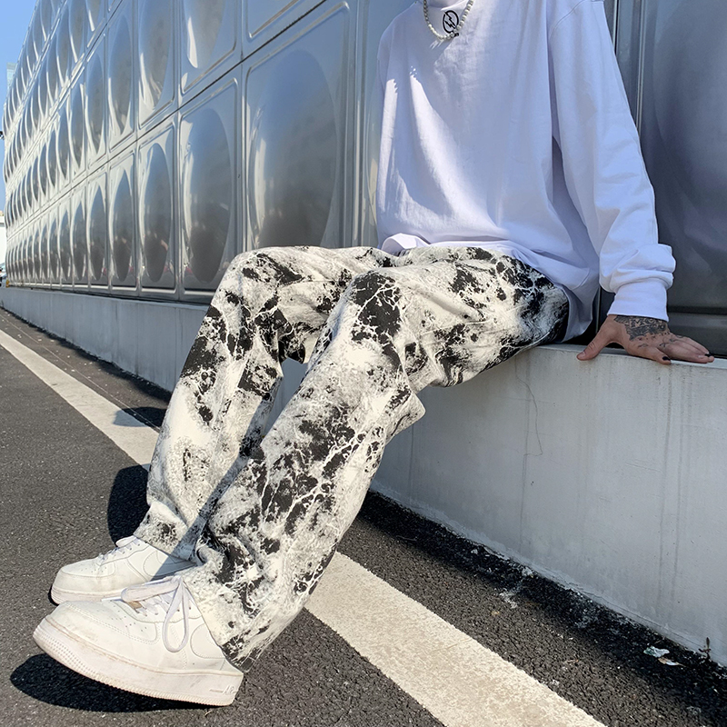 Pantalones vaqueros estampados Unisex cintura elástica primavera 2025 pantalones para fregar pantalones vaqueros moda para hombre estilo coreano High Street pantalones sueltos de Hip Hop