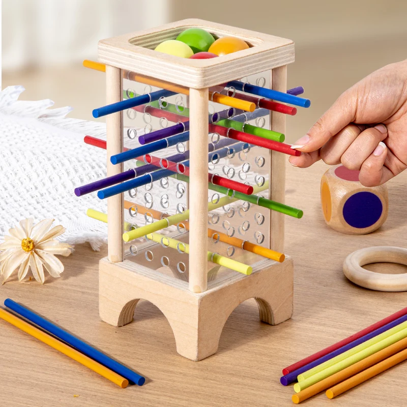 Wooden Stick Board Game Parent Child Interaction Montessori Wooden Toys, 4-sided Acrylic Cylinder Game, Stick Picking Game