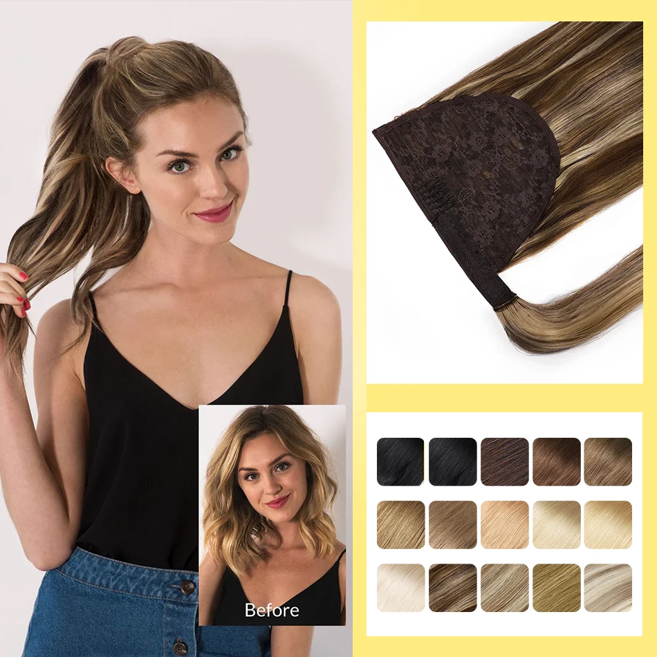 Yelo Pferdeschwanz Echthaar Wrap Around Brasilianischer gerader Pferdeschwanz 100 % Remy Echthaar MagicTie Pferdeschwanz-Verlängerungsclip Schachtelhalm