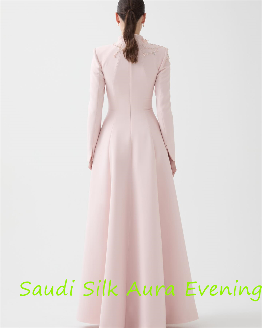 Customized Customized Delicate Pink Jersey Evening Dress V-Neck Long Sleeves Celebrity Gowns Appliques Elegant Bespoke Occasion