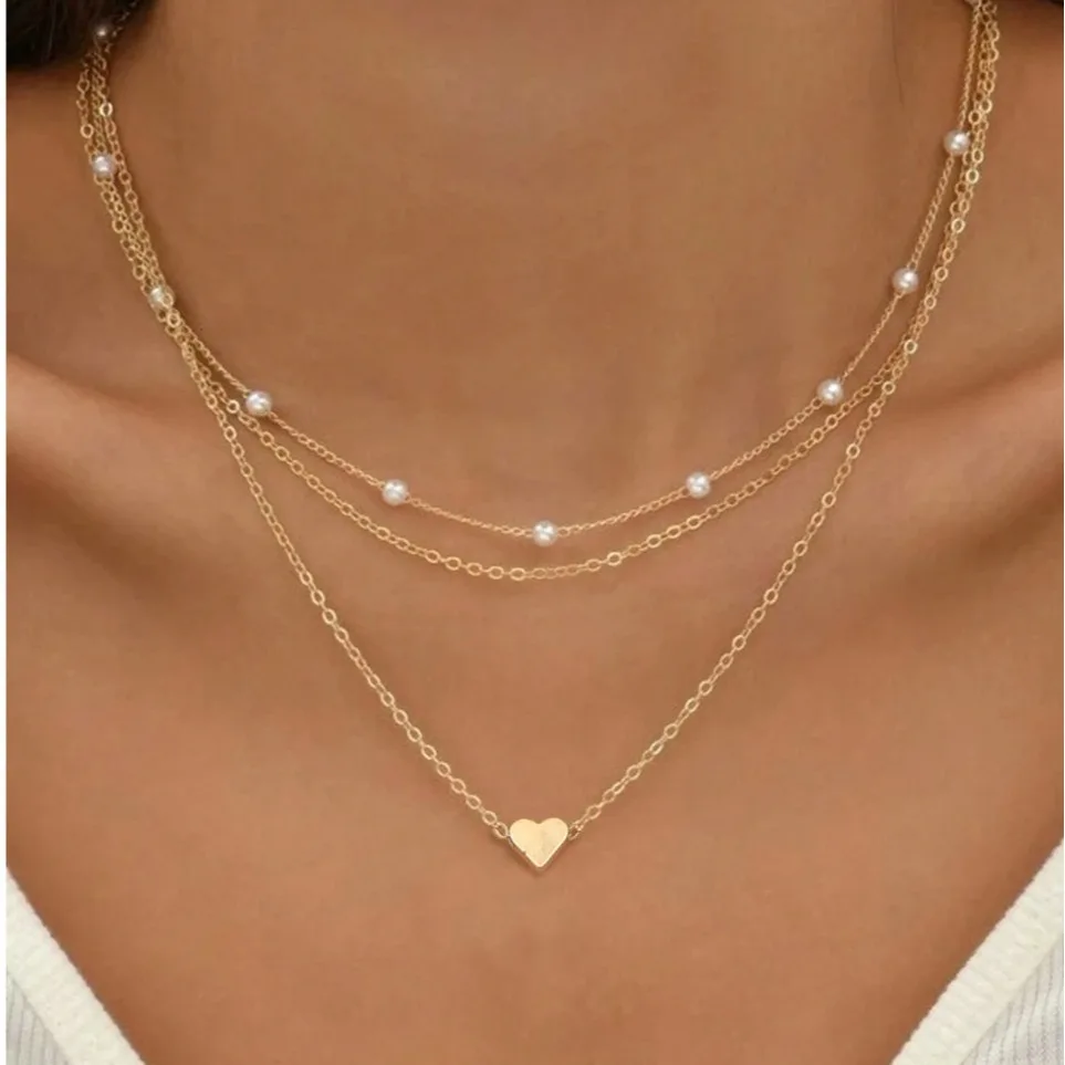FTCY-Conjunto de collar de perlas para mujer, 3 uds., oro de 14 quilates, colgante de corazón de amor a la moda, resistente al agua, hipoalergénico, cadena para el cuello, joyería