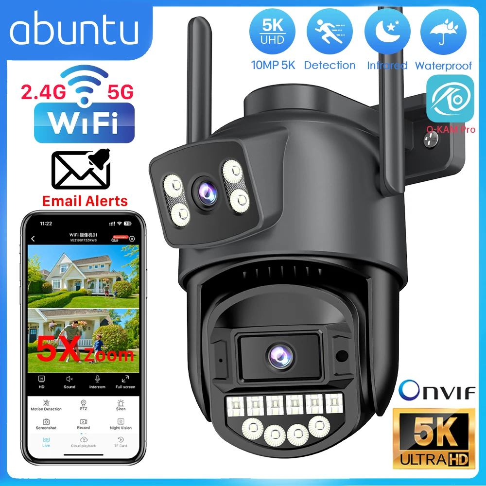 10MP 5K Wifi Überwachungskamera Outdoor 5X Digital Zoom PTZ IP Kamera Dual Objektiv Dual Bildschirme 2,4G/5G Auto Tracking Sicherheit CAM