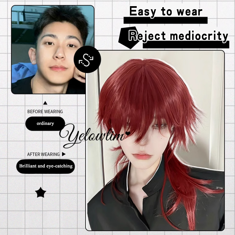 Yelowtim-男性用の長いかつらのセット,オオカミの尾,赤,アニメ,ユニセックス,フル