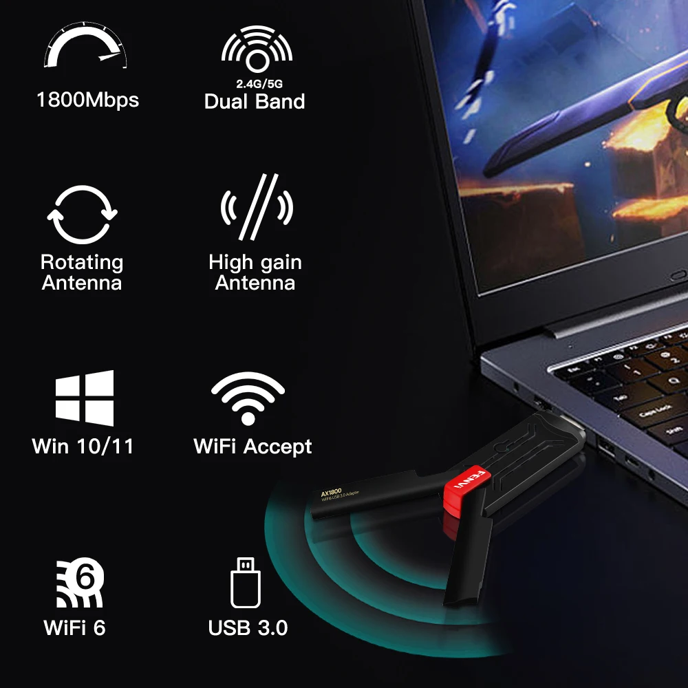 Fenvi USB WiFi 6 AX1800 USB 3.0 Adapter Dual Band 2.4G/5Ghz USB Receiver Dongle Wifi Network Card Wireless For PC Laptop Win11