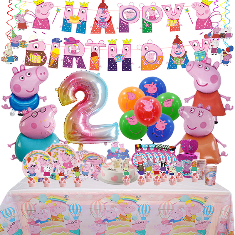 Peppa pig festa de aniversário decoração folha balão de látex para criança evento suprimentos banner pano de fundo descartável talheres placa copo