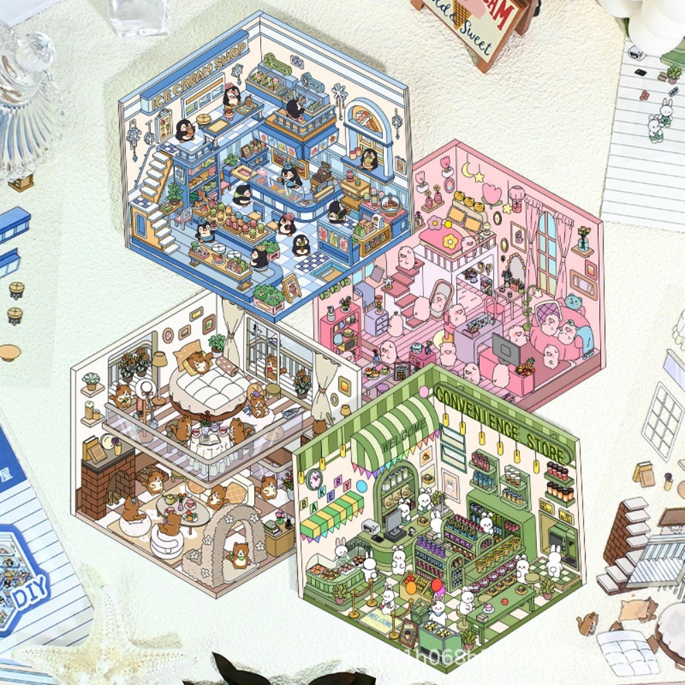 Kawaii 3d paisagismo adesivos dos desenhos animados cena em miniatura empilhamento visual adesivos tridimensionais presente de natal para crianças