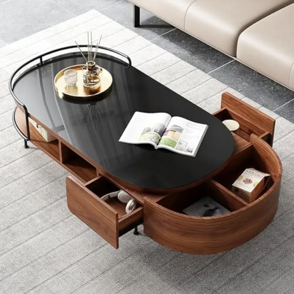 Couchtisch, ovaler Tischplatte aus schwarzem Walnussholz, halbrunder Stauraum im Wohnzimmer, geeignet für Wohnzimmer-Couchtisch