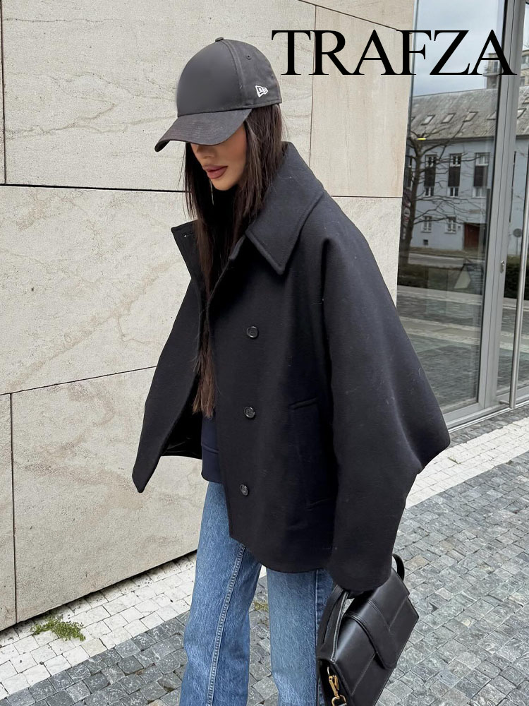 TRAFZA Chaqueta corta holgada de invierno para mujer, chaqueta informal con botones y manga larga con cuello levantado, Top caqui mezclado de lana para mujer Y2K