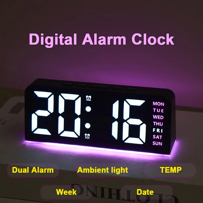 7'' LED Digital Alarm Clock Table Clock Three-Level Adjustable Brightness Dimmer/Dual Alarm/Temp/Date/Night Light for Bedrooms