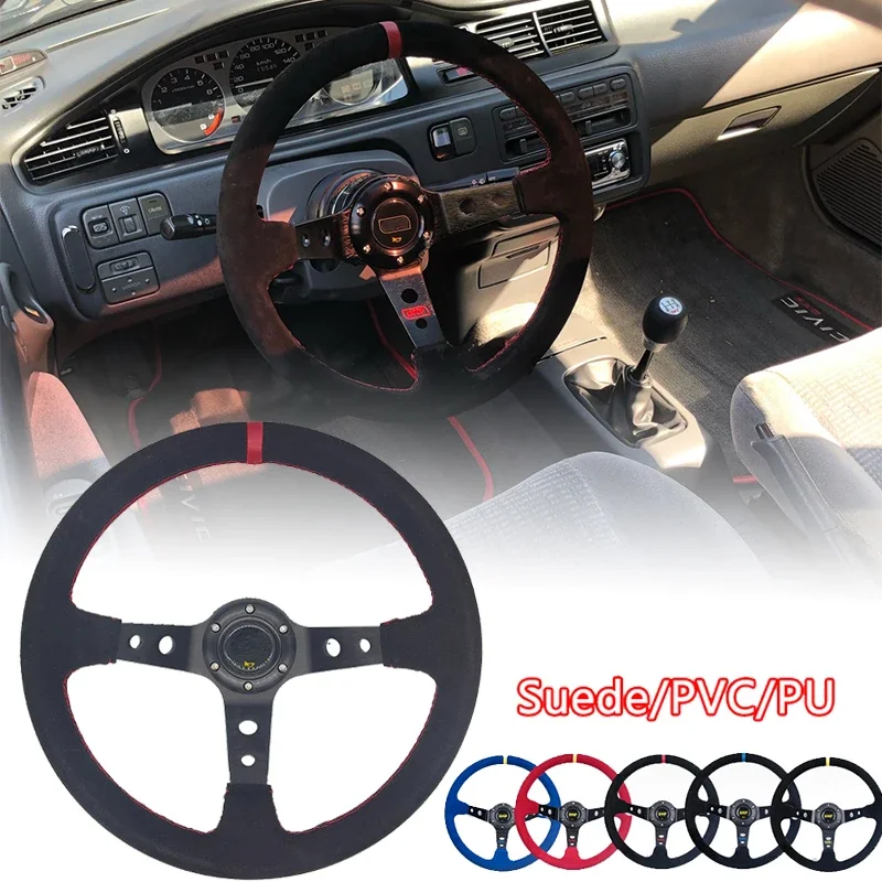 Universal 14 polegada 350mm camurça/pvc/pu carro de alumínio corrida volante milho profundo deriva esporte volante automático com logotipo