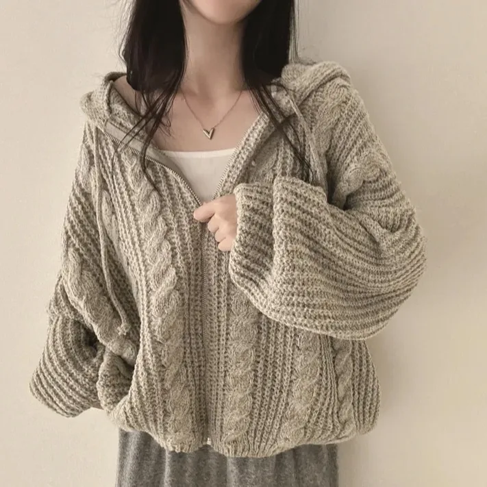 Ladies Loose Lazy Sle Retro Twist Knitted Hat Sweater Coat Korean Version Autumn Winter Top Warmth Emitting Short Length Zi...