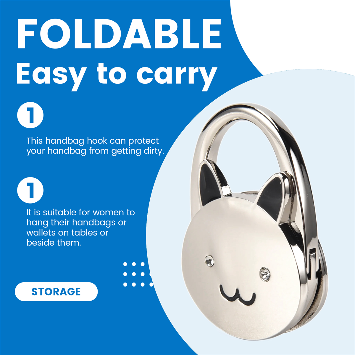 Newest Black Cat Cartoon Foldable Silver Tone Handbag Hook Antislip Rubber Base