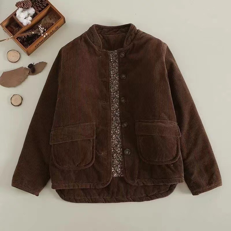 2024 neue Herbst Winter Frauen Cord Parkas Vintage Literarischen Stehkragen Baumwolle Gefütterte Weibliche Jacken Stepp Outwear Mantel