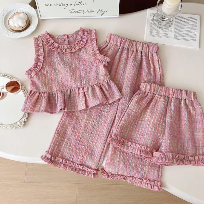 2 pezzi/set set da bambina estivo rosa a quadretti in cotone senza maniche top pantaloni lunghi costume per set da spiaggia per bambina carina