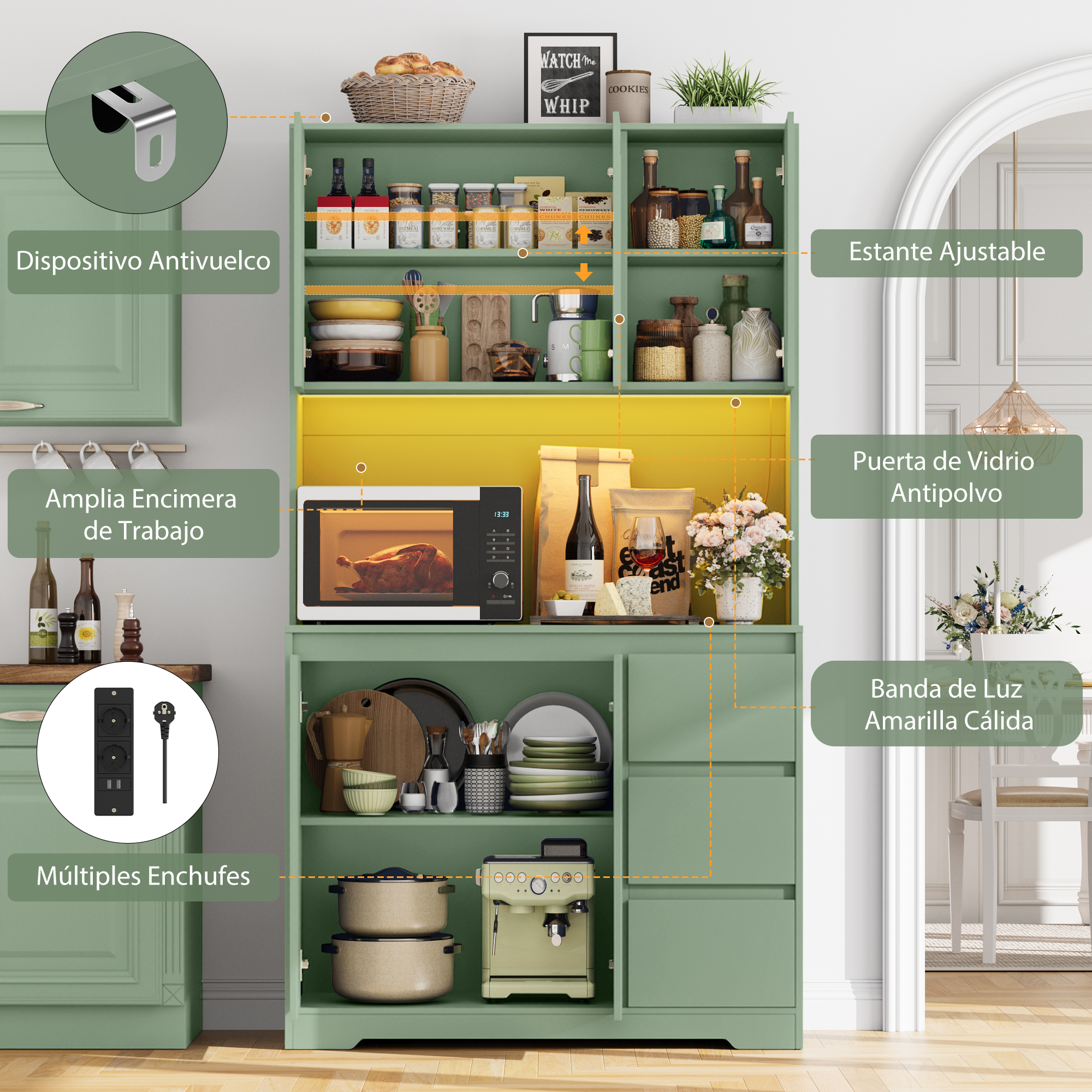 Getone Alacena Cocina con Iluminacion LED, Muebles de Cocina, Aparador Comedor, Armario Cocina Almacenaje,  Regleta, Encimera para Microondas, 3 Cajones, 5 Puertas, Particiones ajustables 100x38.5x180cm