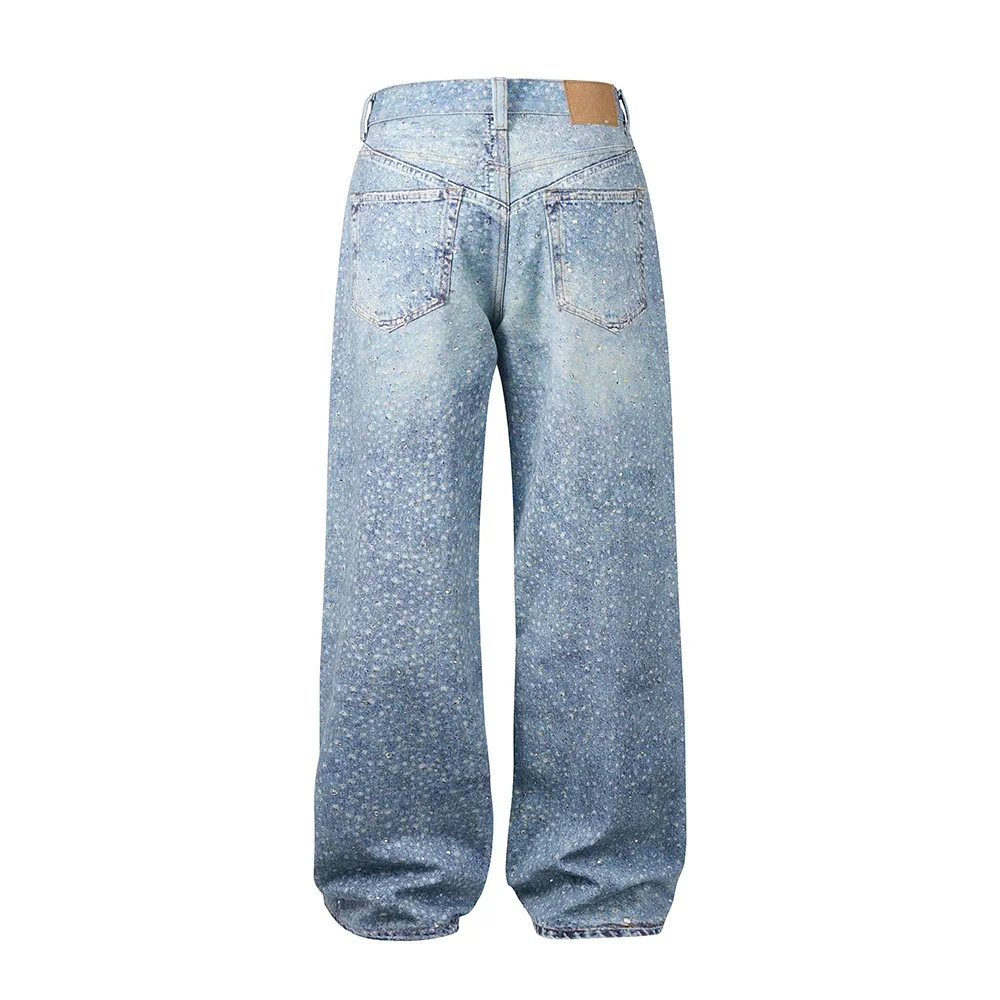 フルラインストーンプリントウォッシュブルーだぶだぶのジーンズメンズと女性 Ropa Hombre ストリート固体カジュアルデニムパンツルーズカーゴ