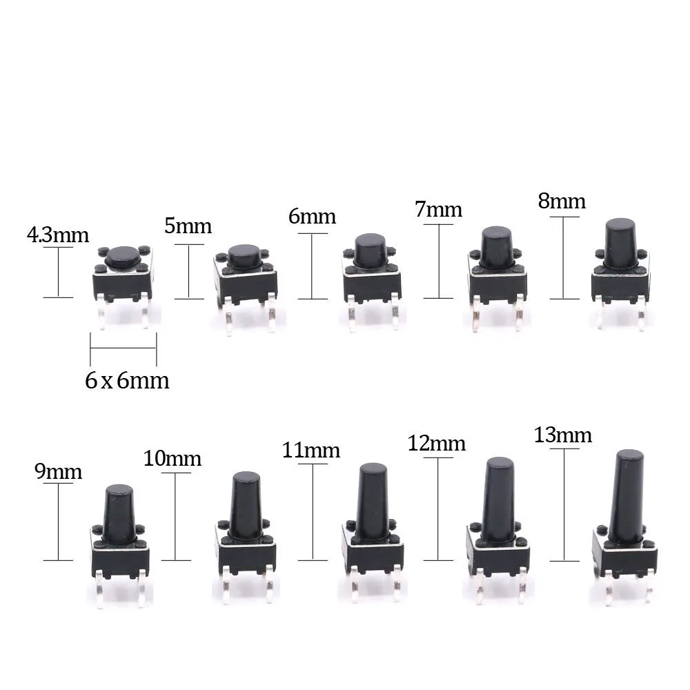 10 modelos 6*6 interruptor táctil Kit de interruptor de botón táctil altura: 4,3 5 ~ 13MM DIP 4P micro interruptor 6x6 interruptor de llave para Arduino