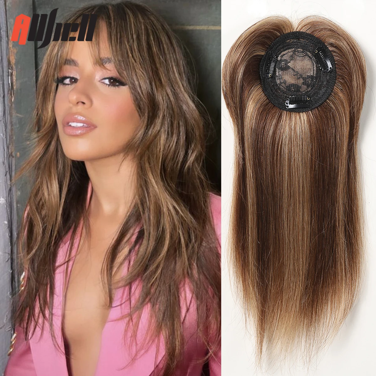 Topper de cabelo de grampo para mulheres, pedaços de cabelo humano, piano colorido, blonde marrom, base de seda, destaque, 12 pol