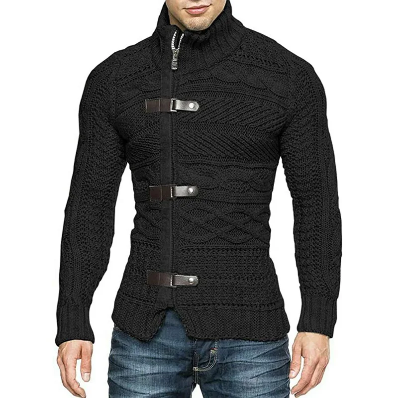 Herbst Winter Herren Rollkragenpullover Mantel Mode Leder Schnalle Langarm Strickjacke Mantel Große Größe Stricken Herren Kleidung