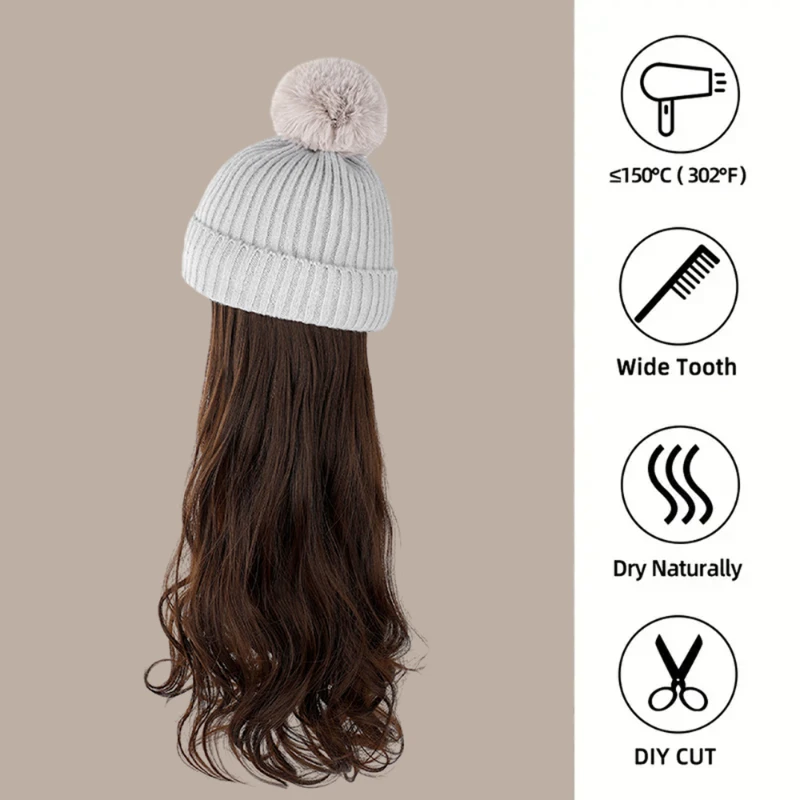 Extensões longas de cabelo ondulado para mulheres, boné de peruca sem aba, cabelos sintéticos de malha removível, chapéu, moda, inverno