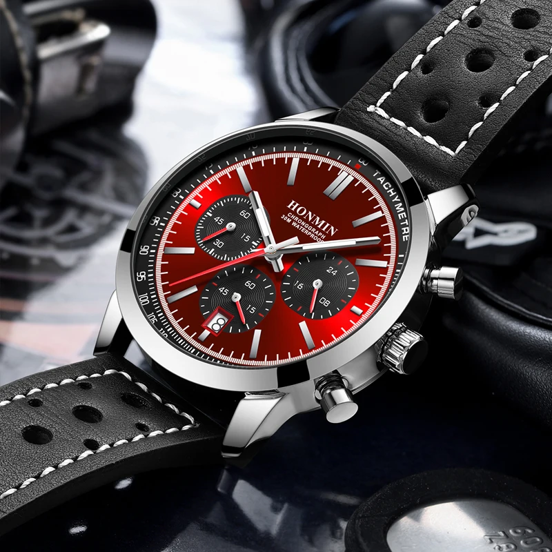 Reloj HONMIN de lujo para hombre, cronógrafo resistente al agua de alta calidad, reloj de pulsera luminoso para hombre, relojes de cuarzo de cuero para hombre, reloj informal
