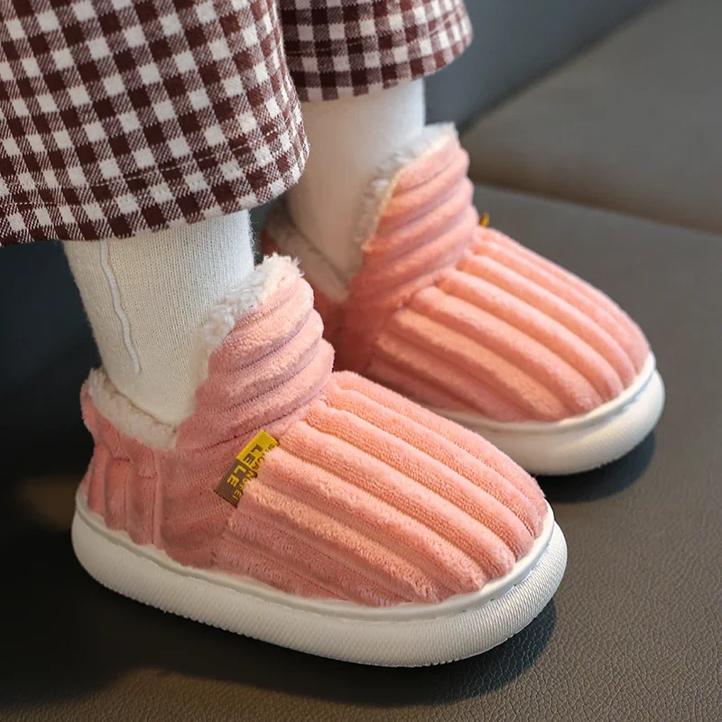 Nieuwe Winter Beknopte Streep Pluche Slippers Kinderen Antislip Zachte Zool Kinderen Jongens Meisjes Hak Wrap Warme Hoge Thuis katoenen Schoenen