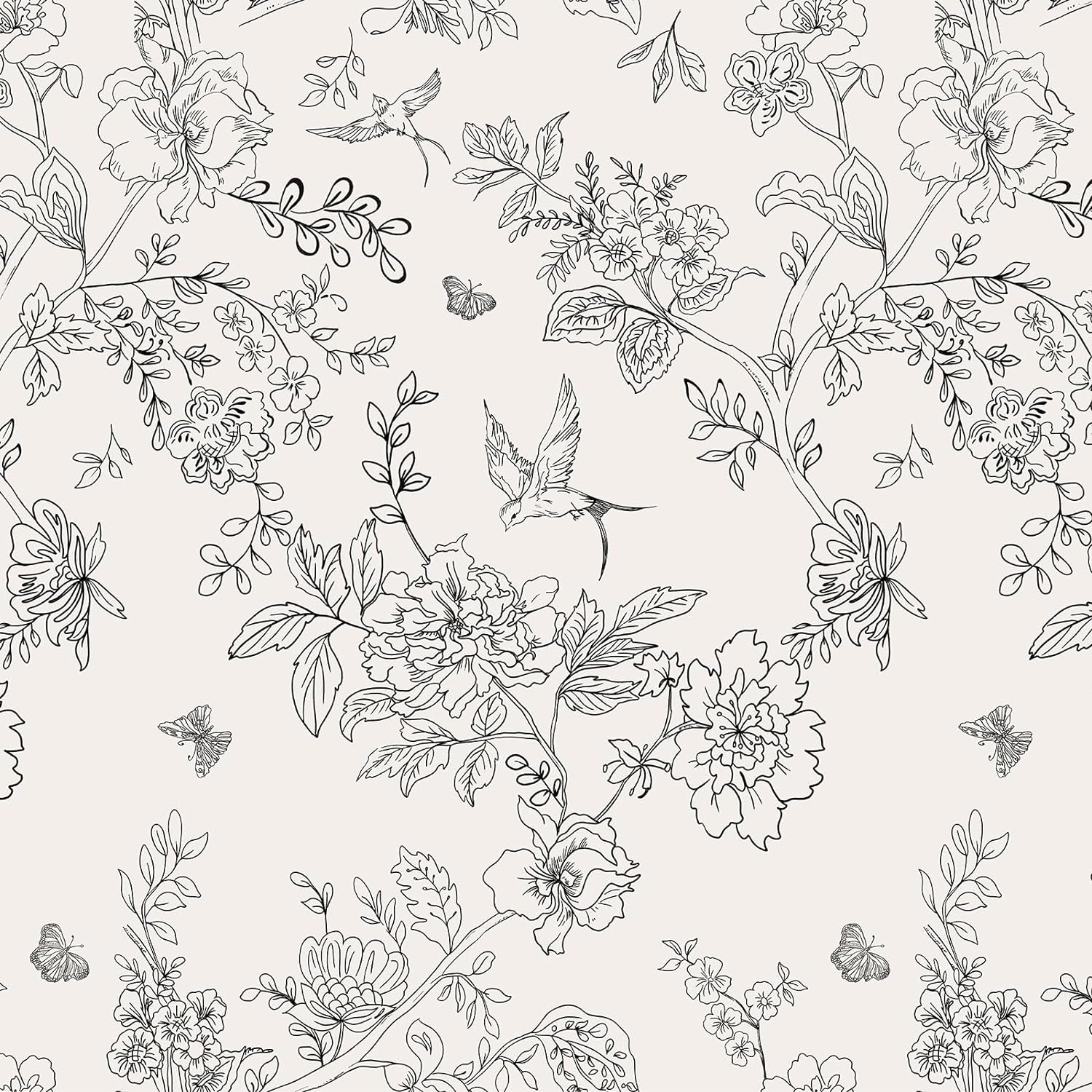 Papel de parede floral preto e branco, casca e bastão, papel de contato floral, flores, pássaros, removível, autoadesivo