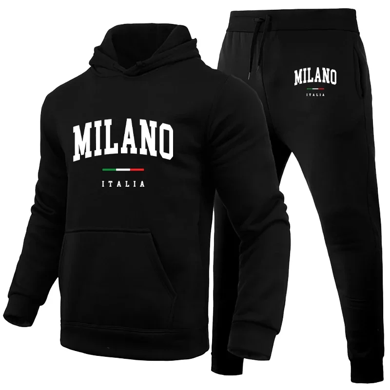Conjunto de Sudadera con capucha de lujo para hombre, sudadera con estampado Milano, pantalón de chándal para hombre, Tops con capucha, pantalones para correr, traje, ropa de calle informal, chándal