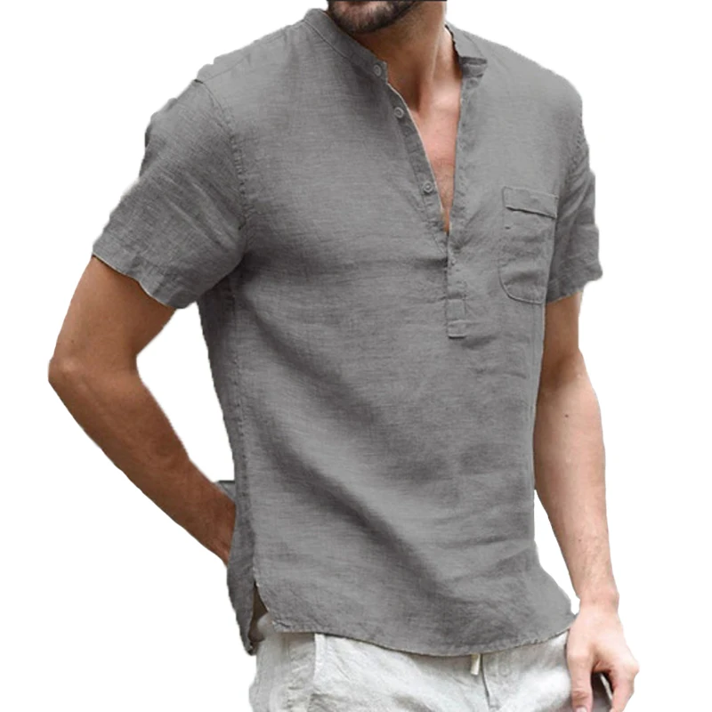 Novedad de verano, camisas informales de lino y algodón a la moda, camisetas transpirables de manga corta para hombre